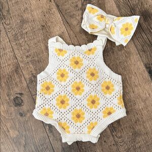 Floral Knit Baby Romper with Bow
